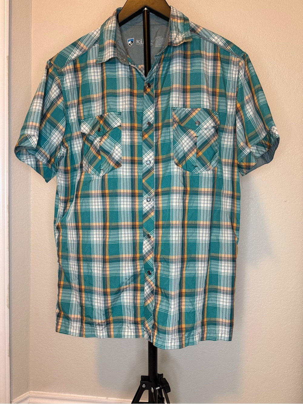 Kuhl Teal, White & Green Plaid Short-Sleeve Button-Down Shirt